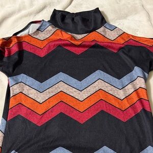 Black Chevron Turtleneck Short-Sleeve Top with Multi-Color Stripes